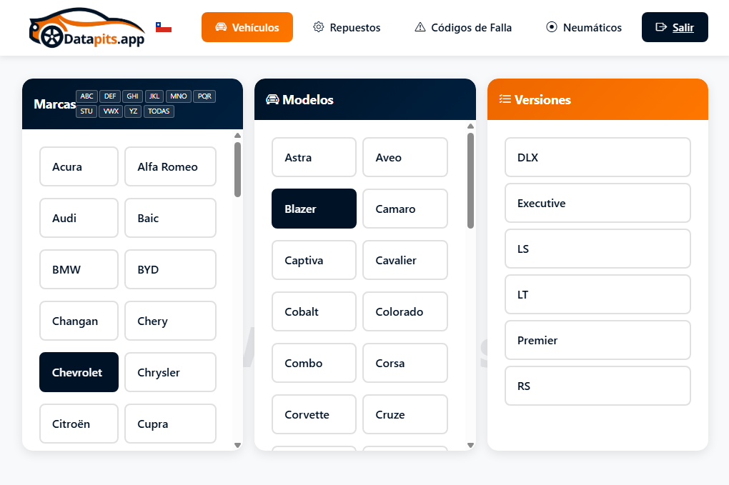 Buscador de vehículos por marca, modelo y versión en DataPits.app