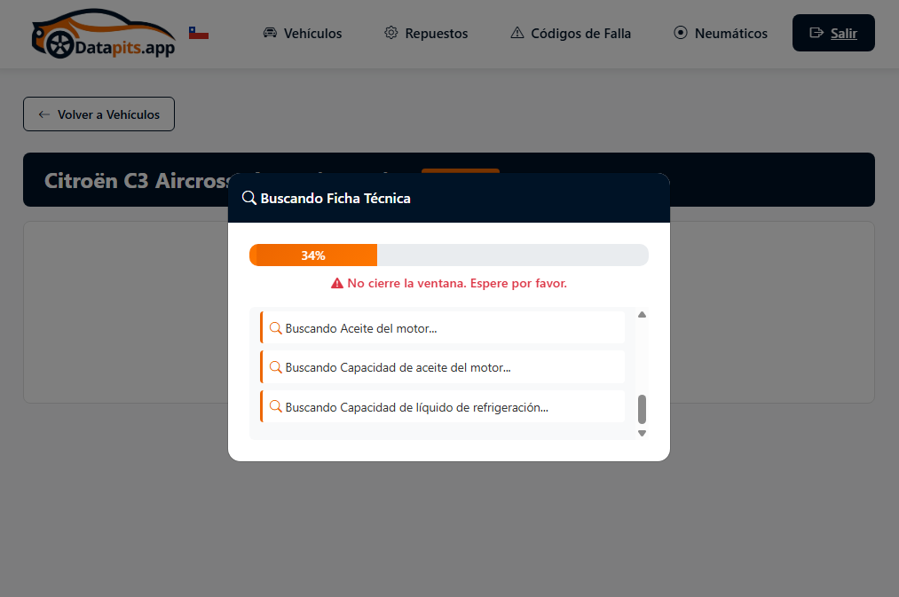 Consulta de ficha técnica automotriz en DataPits.app