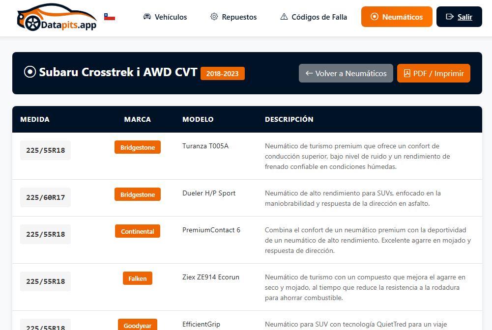 Listado de neumáticos compatibles para un vehículo en DataPits.app